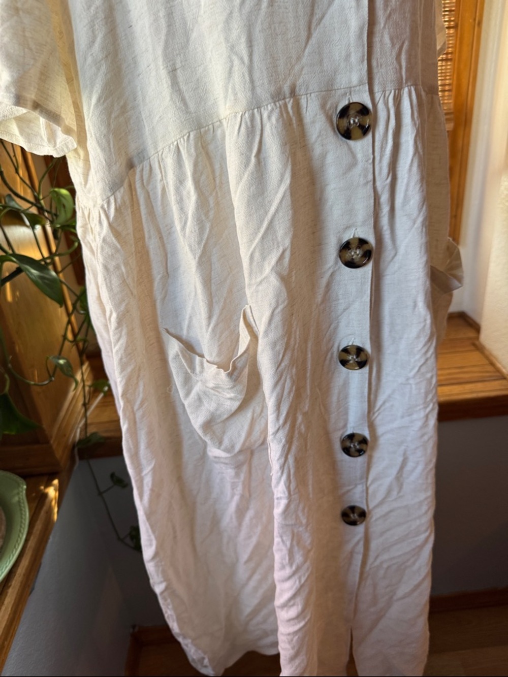 XXL Ivory Linen Blend Shirt Dress Short Sleeve Plus Size Cottagecore lightweight - Picture 3 of 11